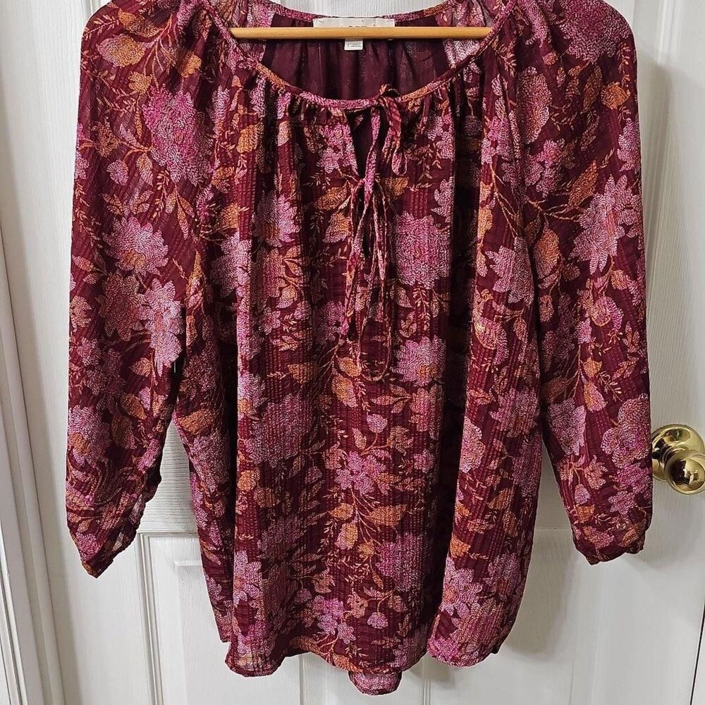 LOFT Burgundy Floral Tie-Neck 3/4 Sleeve Blouse Size S